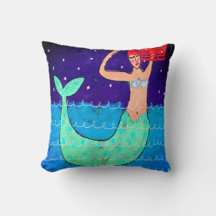 Red Haired Mermaid Abstract Art Cushion