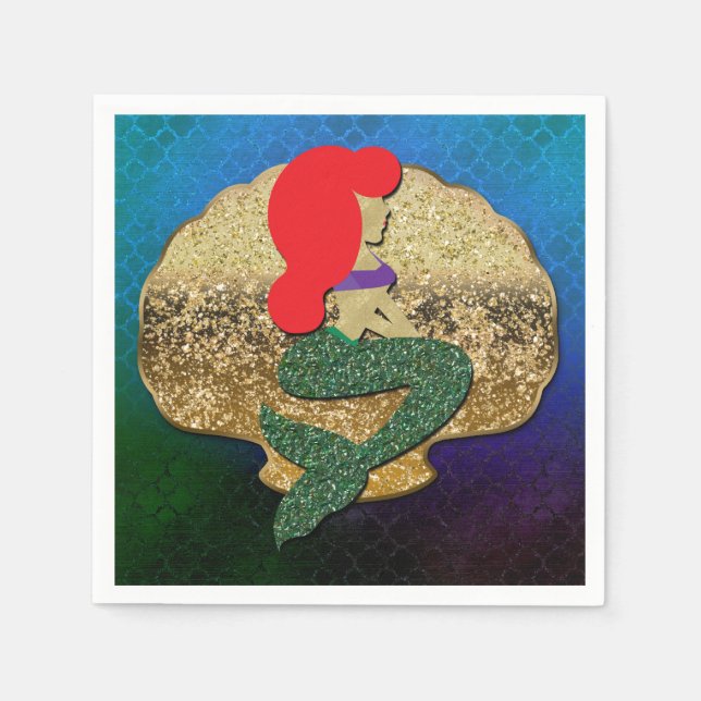 Red Haired Mermaid Golden Seashell Birthday Party Napkin (Front)