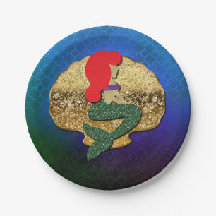 Red Haired Mermaid Golden Seashell Birthday Party Paper Plate