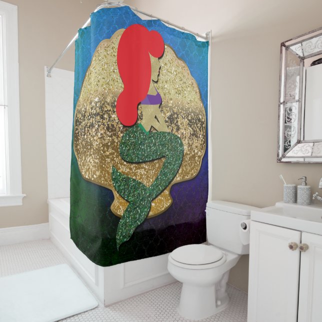 Red Haired Mermaid Golden Seashell Shower Curtain (In Situ)