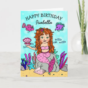 Red Haired  Mermaid Happy Birthday Card