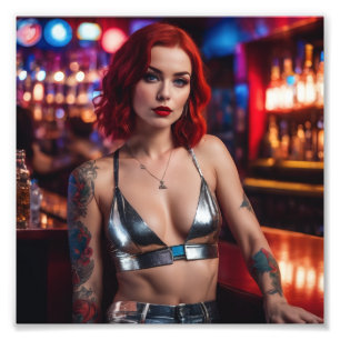 Red Haired Party Tattooed Girl in Silver Clubwear Photo Print