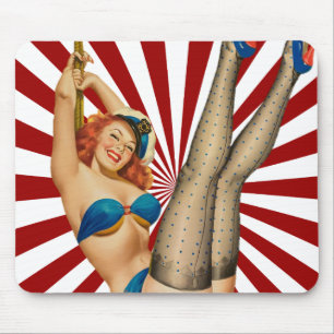 Red Haired Pin-up Girl Retro Sunset Mouse Pad
