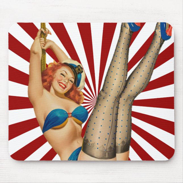 Red Haired Pin-up Girl Retro Sunset Mouse Pad (Front)