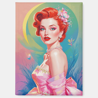 Red-Haired Pin-Up in Pink Floral Gown Magnet