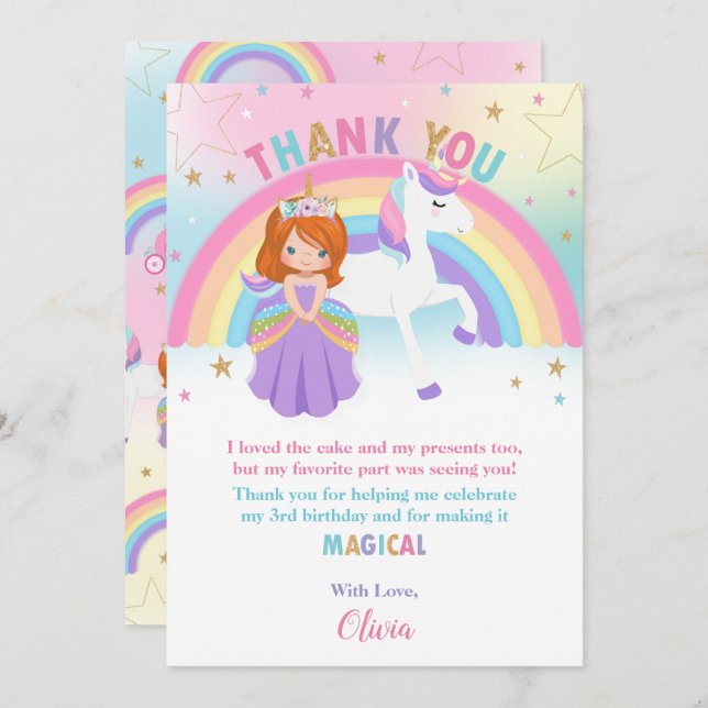 Red Haired Princess and Rainbow Unicorn Birthday  Thank You Card (Front/Back)
