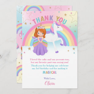 Red Haired Princess and Rainbow Unicorn Birthday  Thank You Card