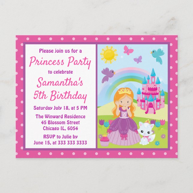 Red haired Princess & Castle & Rainbow birthday  Postcard (Front)
