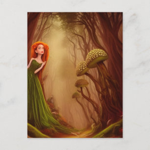 Red Haired Woman in a Mushroom Forest Fantasy AI Postcard