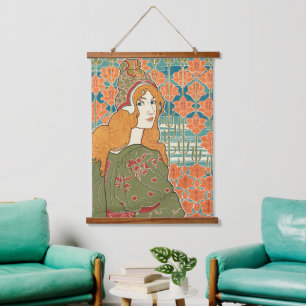 Red Haired Woman Orange Lilies Vintage Art Print Hanging Tapestry