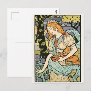 Red Haired Woman Picking Flowers Art Nouveau Postcard