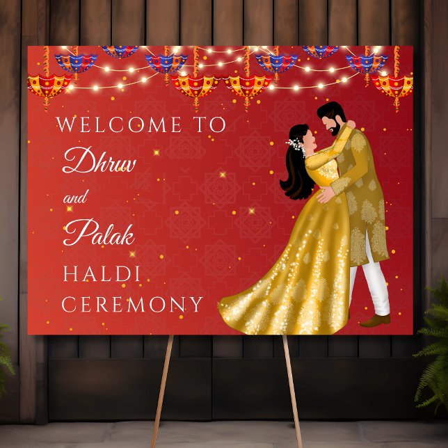 Red Haldi umbrella couple welcome sign (Creator Uploaded)