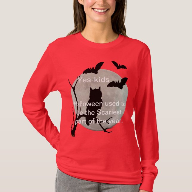 Red Halloween Owl & Bats Long Sleeve T-Shirt (Front)