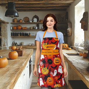 Red Halloween with Pumpkins, Ghosts, and Bats Apron
