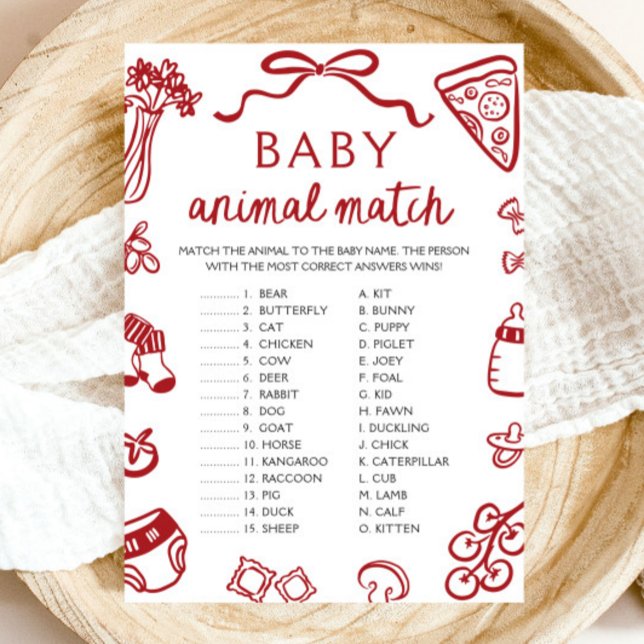 Red Hand Drawn Baby Animal Match Baby Shower Game Invitation (Red Hand Drawn Baby Animal Match Baby Shower Game)