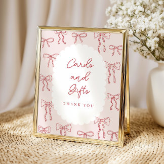 Red Hand Drawn Boho Bows Pink Baby Shower Tabletop Poster