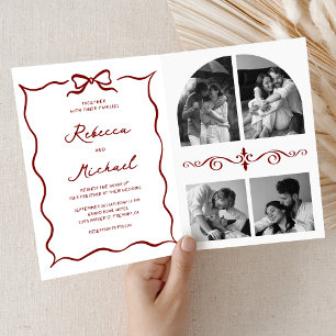 Red Hand Drawn Bow QR Code Photo Wedding Invitation