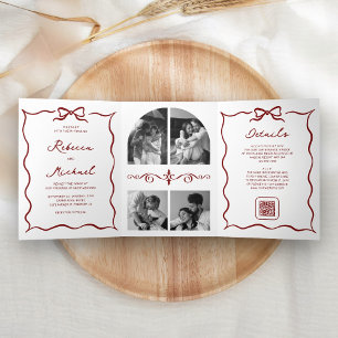 Red Hand Drawn Bow QR Code Photo Wedding Tri-Fold Invitation
