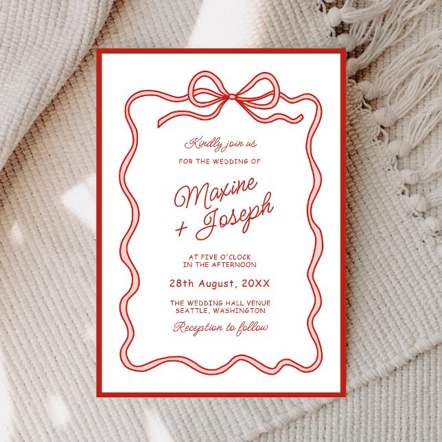 Red Hand Drawn Bow Ribbon Sketch Wedding Invitation (Red hand drawn bow ribbon wedding invitation adds charming elegance to your special day.)