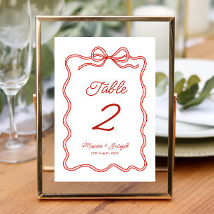 Red Hand Drawn Bow Ribbon Sketch Wedding Table Number