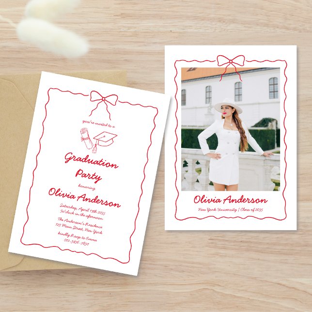 Red Hand-Drawn Bow Squiggle Photo Graduation Party Invitation (Creator Uploaded)