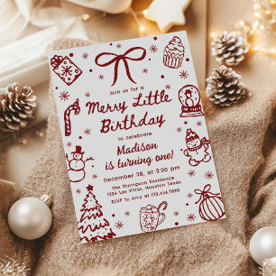 Red Hand Drawn Christmas Merry Little Birthday Invitation
