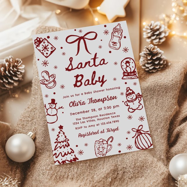 Red Hand Drawn Christmas Santa Baby Shower Invitation (Creator Uploaded)