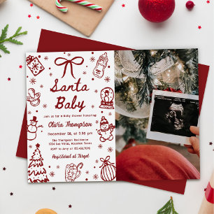 Red Hand Drawn Christmas Santa Baby Shower Photo Invitation