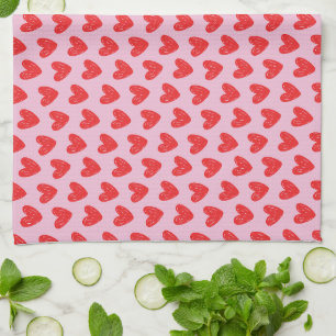 Red Hand-Drawn Doodle Hearts Pattern on Pastel Pin Tea Towel