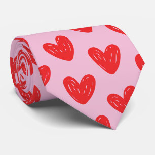 Red Hand-Drawn Doodle Hearts Pattern on Pastel Pin Tie