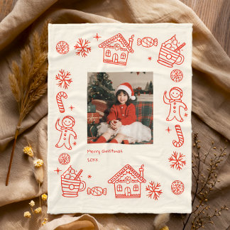 Red Hand Drawn Doodle Whimsical Photo Christmas Fleece Blanket