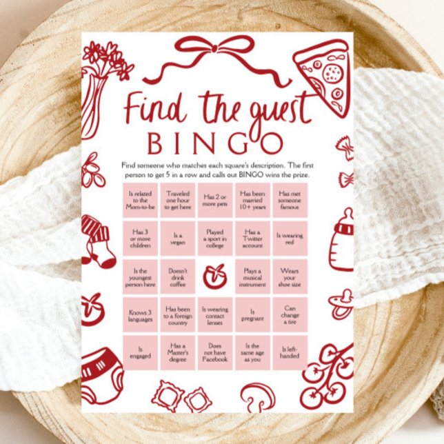 Red Hand Drawn Find the Guest Bingo Baby Shower Invitation (Red Hand Drawn Find the Guest Bingo Baby Shower Game)