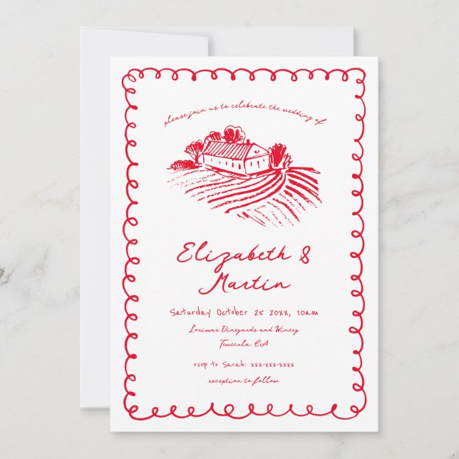 Red Hand Drawn Funky Vineyard Venue Wedding Invitation (Front)