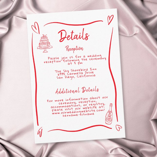 Red Hand Drawn Heart Whimsical Modern Wedding Enclosure Card (Red Hand Drawn Heart Whimsical Modern Wedding Enclosure Card)