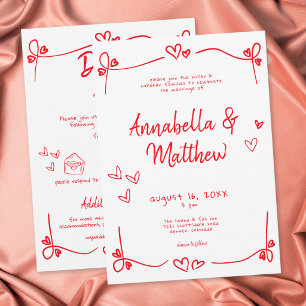 Red Hand Drawn Heart Whimsical Modern Wedding Invitation