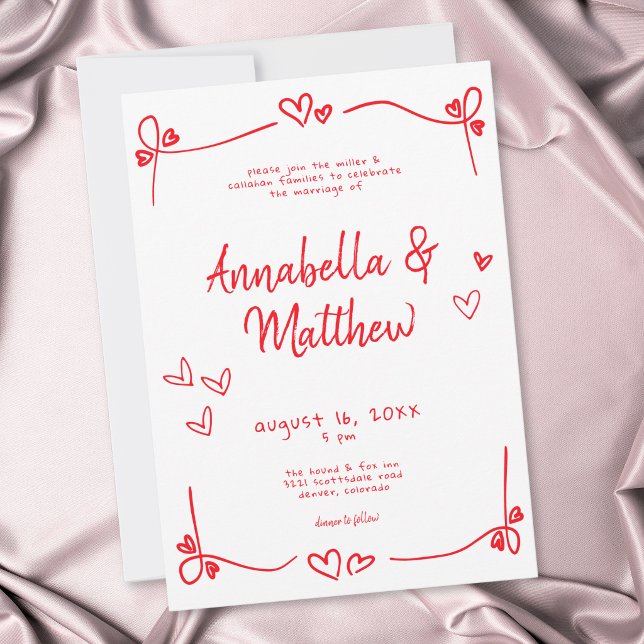 Red Hand Drawn Heart Whimsical Modern Wedding  Invitation (Red Hand Drawn Heart Whimsical Modern Wedding Invitation)