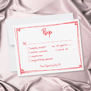 Red Hand Drawn Heart Whimsical Modern Wedding RSVP Card