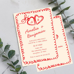 red hand drawn heart Whimsical Wedding  Invitation