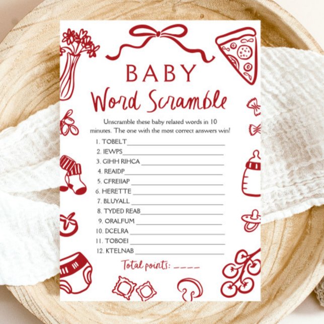 Red Hand Drawn Italian Baby Word Scramble Game Invitation (Red Hand Drawn Italian Baby Word Scramble Game)