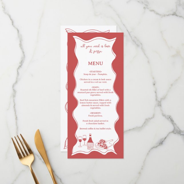 Red Hand Drawn Italian Pizza Wine Bridal Shower Menu (Front/Back In Situ)