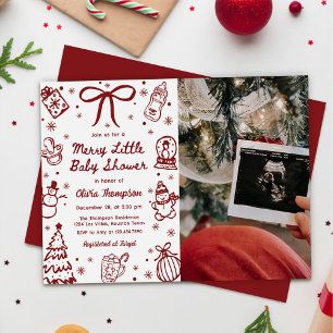 Red Hand Drawn Merry Little Baby Shower Photo Invitation