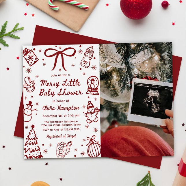 Red Hand Drawn Merry Little Baby Shower Photo Invitation (Creator Uploaded)