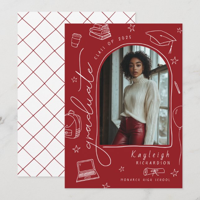 Red Hand Drawn Retro Graduation Announcement (Front/Back)