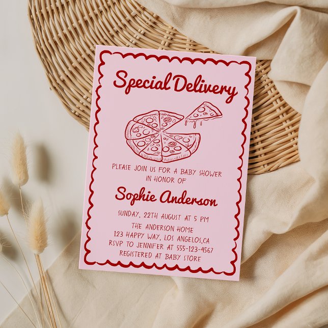 Red Hand Drawn Special Delivery Pizza Baby Shower Invitation (Creator Uploaded)