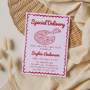Red Hand Drawn Special Delivery Pizza Baby Shower Invitation