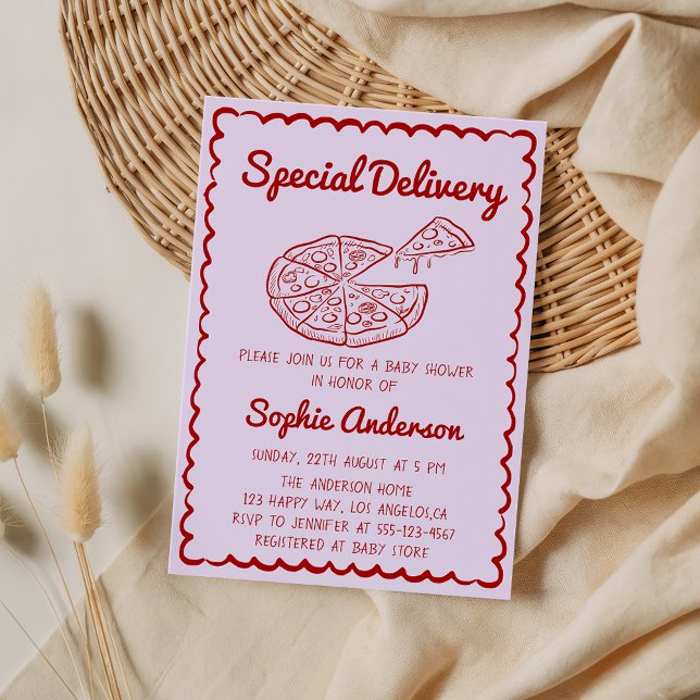 Red Hand Drawn Special Delivery Pizza Baby Shower Invitation (Creator Uploaded)