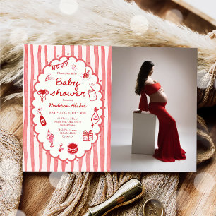 Red Hand-Drawn Stripes Baby Shower Invitation