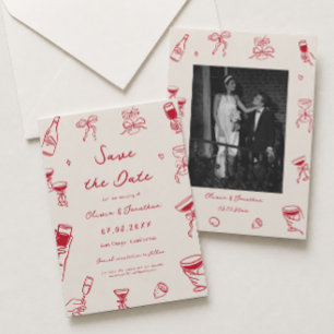 Red Hand Drawn Wedding Save the Date Photo Invitation