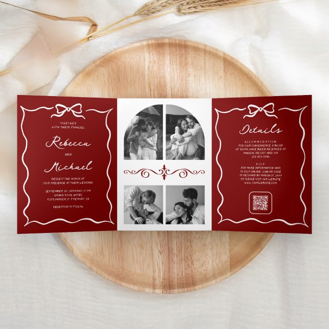 Red Hand Drawn White Bow QR Code Photo Wedding Tri-Fold Invitation (Creator Uploaded)