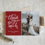 Red Hand Lettered Photo Wedding Thank You Card<br><div class="desc">Give thanks to family and friends for being part of your wedding with this rustic thank you flat card featuring modern calligraphy and floral pattern with red background. Other colours are available.</div>